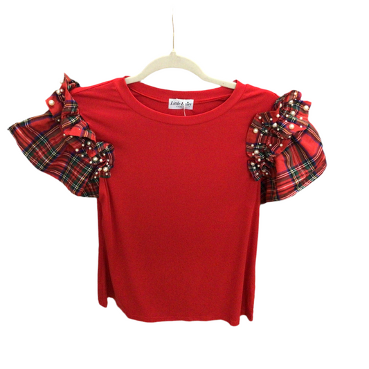 Plaid Pearl Ruffle SS Loose T Shirt | LDC