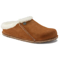 Birkenstock Zermatt Premium slipper in mink brown suede with cream shearling lining, contrast stitching, and a round closed toe.