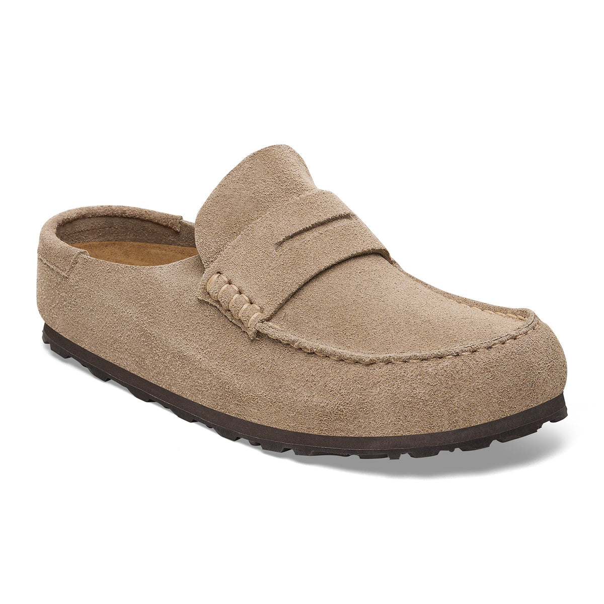suede moccasin style slip on clog in beige on a white background