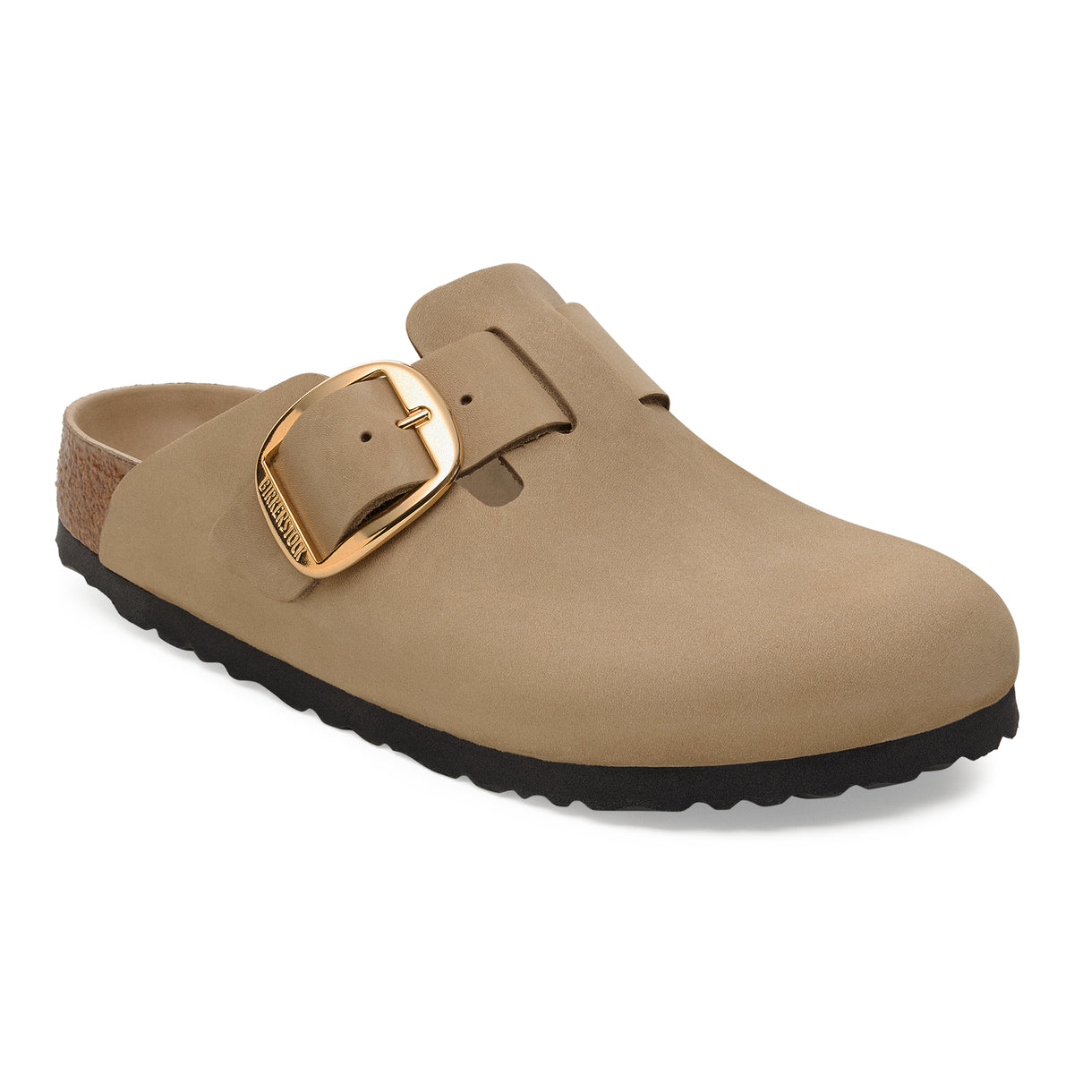 clog in tobacco brown with an oversized gold-tone buckle, closed toe, cork footbed, and black outsole.