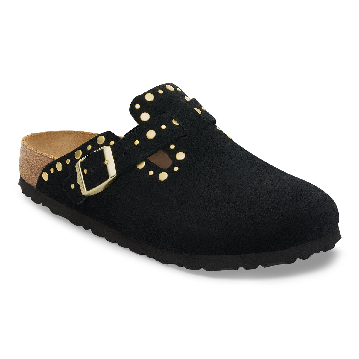 A black suede clog shoe with gold-tone metal studs and a gold buckle, shown from a three-quarters angle on a white background.