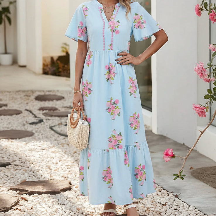 Floral Ricrac Trim Notched Neck Maxi Dress | LITTLE DAISY CLOSET
