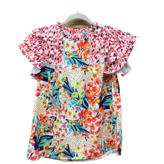 Mixed Print Ruffle Cap Sleeve Top | LDC