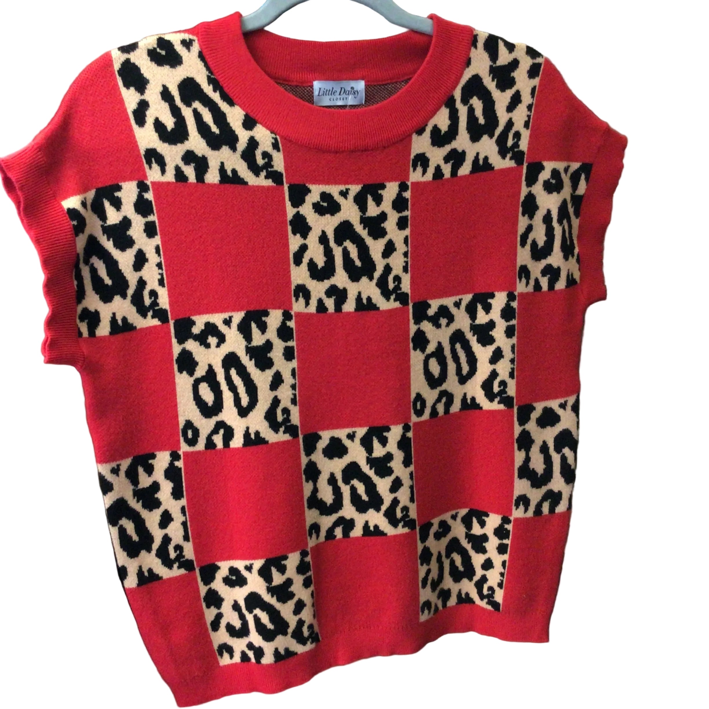 Leopard Contrast Checkerboard Knit Sweater | LDC