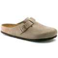 Birkenstock Boston Soft Footbed clog in taupe suede with an adjustable buckle strap, cork footbed, and black sole.
