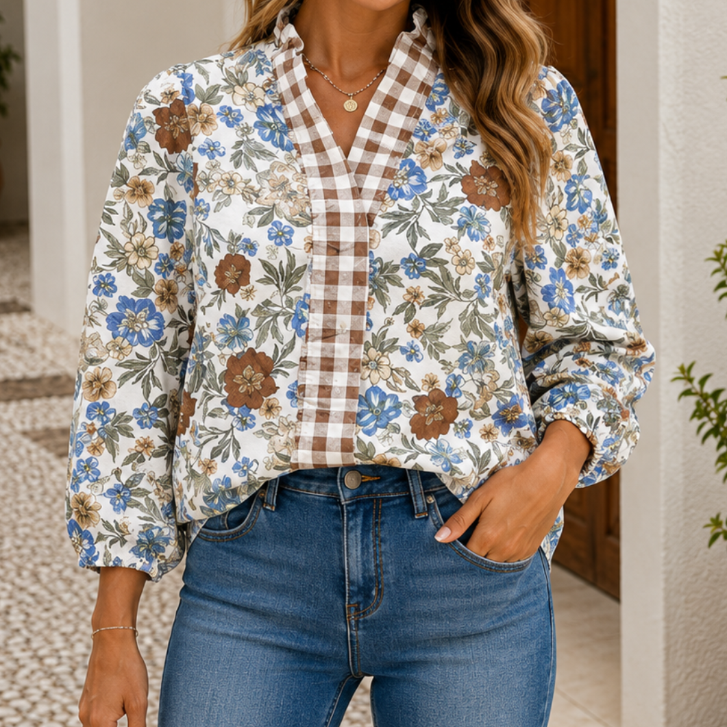 Plaid Trim V-Neck Floral LS | LITTLE DAISY CLOSET