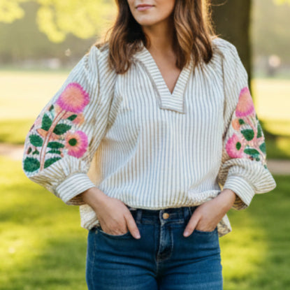 Casual Shift Colorblock V Neck Embroidery Blouse