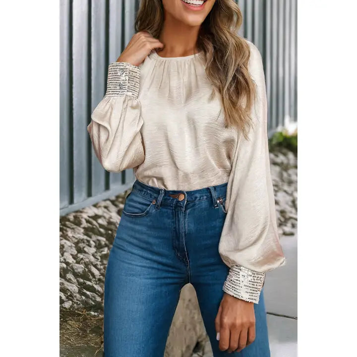 Sequin Cuffs Bubble Sleeve Blouse | Little Daisy Closet