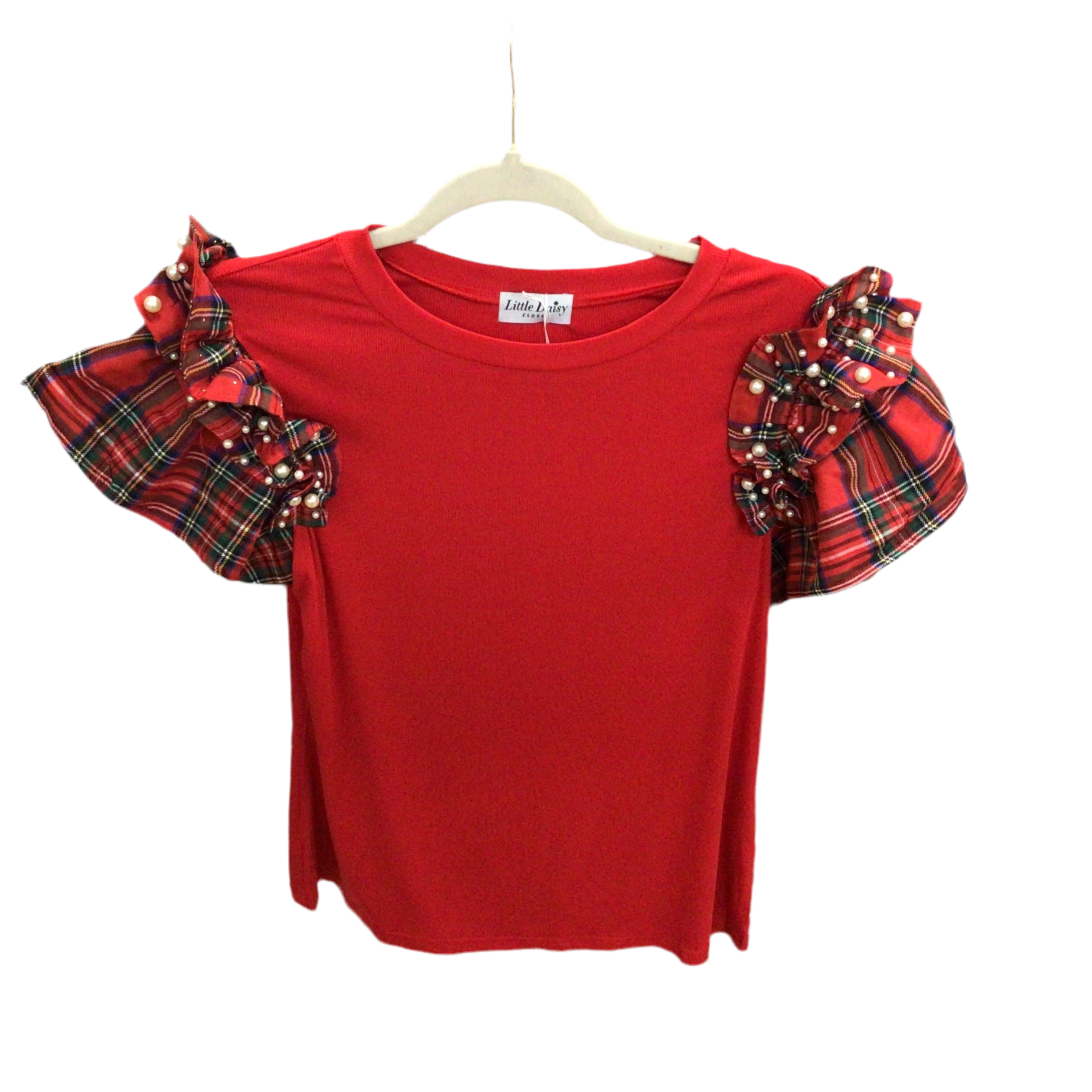 Plaid Pearl Ruffle SS Loose T Shirt | LDC