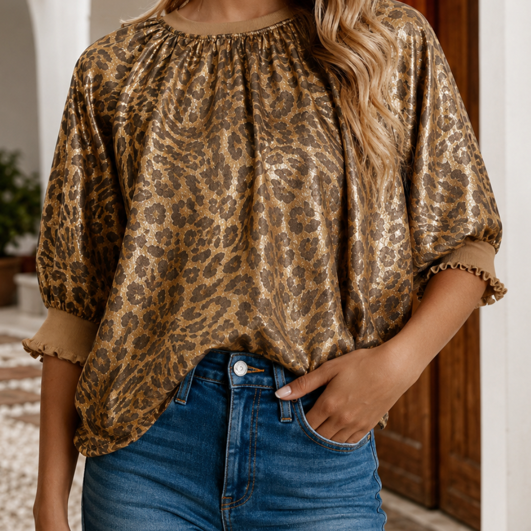 Leopard Print Half Sleeve Blouse | LITTLE DAISY CLOSET