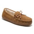 chestnut colored suede loafer that is fur lined and a leather tie on top on white background