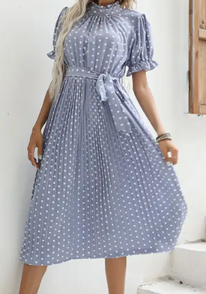 Polka Dot Lace-Up Pleated Dress | LILY CLOTHING