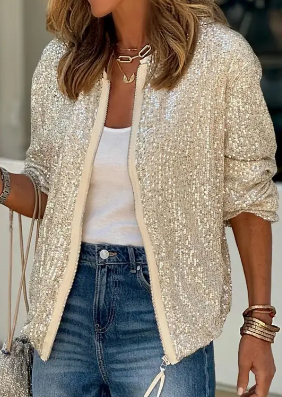 Sequin Round Neck Zippered Jacket | PRETTY BASH