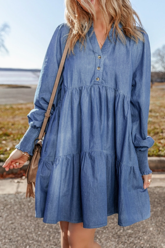 Denim Smocked Cuff Mini Dress | SHOPLALALOO