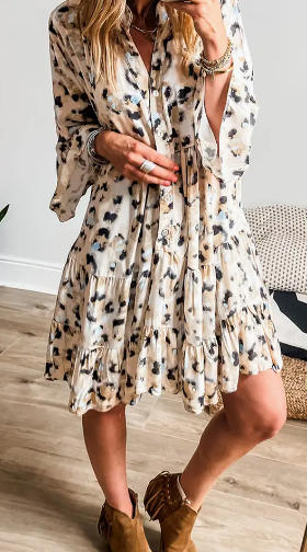 Leopard 3/4 Sleeve Ruffle Hem Dress | SHOPLALALOO