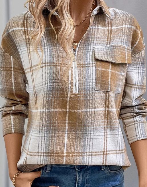 ZIPPER Lapel Plaid Loose Shirt Top | NINEXIS