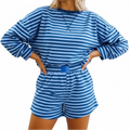 Drop Shoulder Pullover Lounge Stripe Short Set | LITTLE DAISY CLOSET