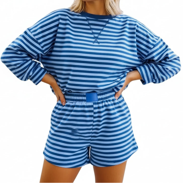Drop Shoulder Pullover Lounge Stripe Short Set | LITTLE DAISY CLOSET