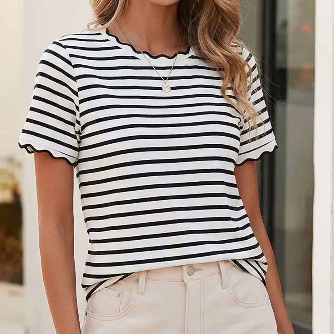 Spring Scalloped Trim Stripe TShirt | LITTLE DAISY CLOSET