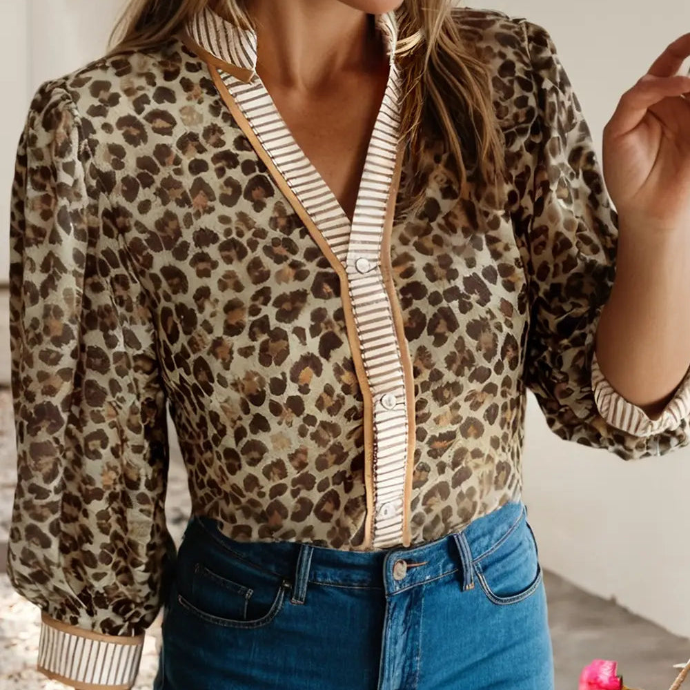 Contrast Striped Trim V Neck Leopard Shirt | LITTLE DAISY CLOSET