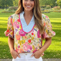 Bubble Sleeve Contrast Scallop Striped V Neck Blouse | 1 The Woman