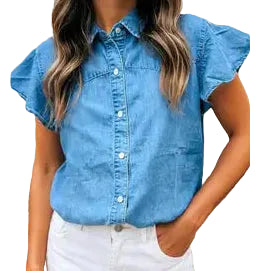 Ruffled Short Sleeve Denim Shirt | LITTLE DAISY CLOSET