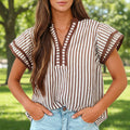 Double Ruffled Short Sleeve Trim V Neck Blouse | 1 The Woman