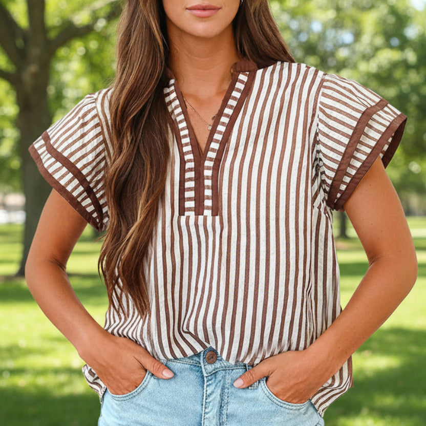 Double Ruffled Short Sleeve Trim V Neck Blouse | 1 The Woman
