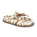 Moccasin slipper with cowhide pattern and brown laces on a white background
